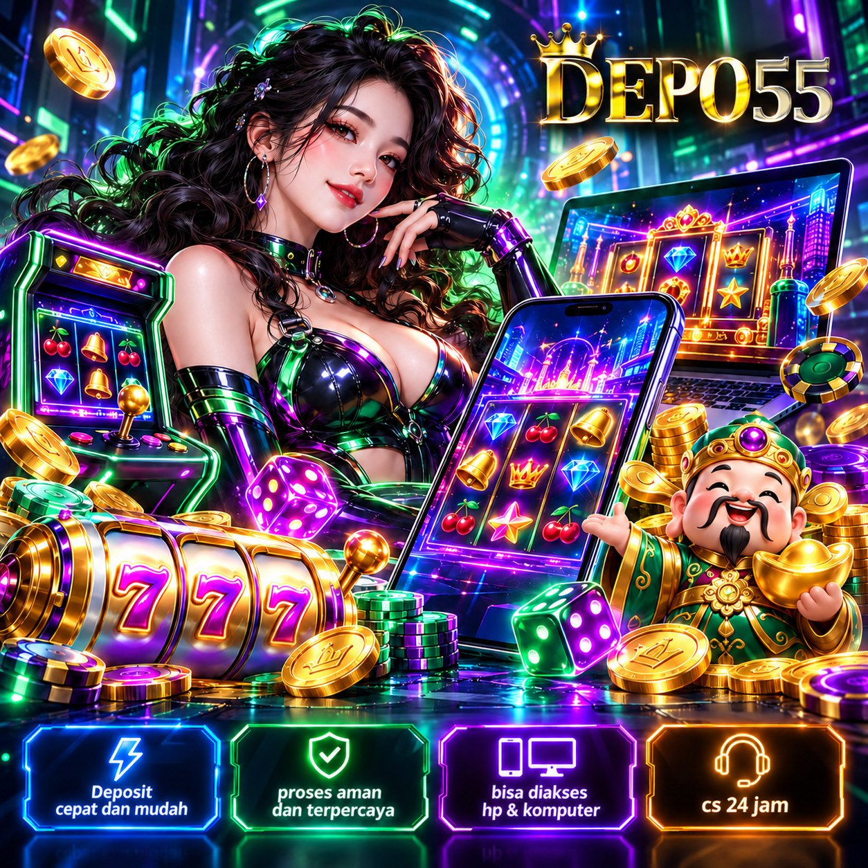 Ilustrasi DEPO55 berlatar hijau dan ungu dengan perangkat game