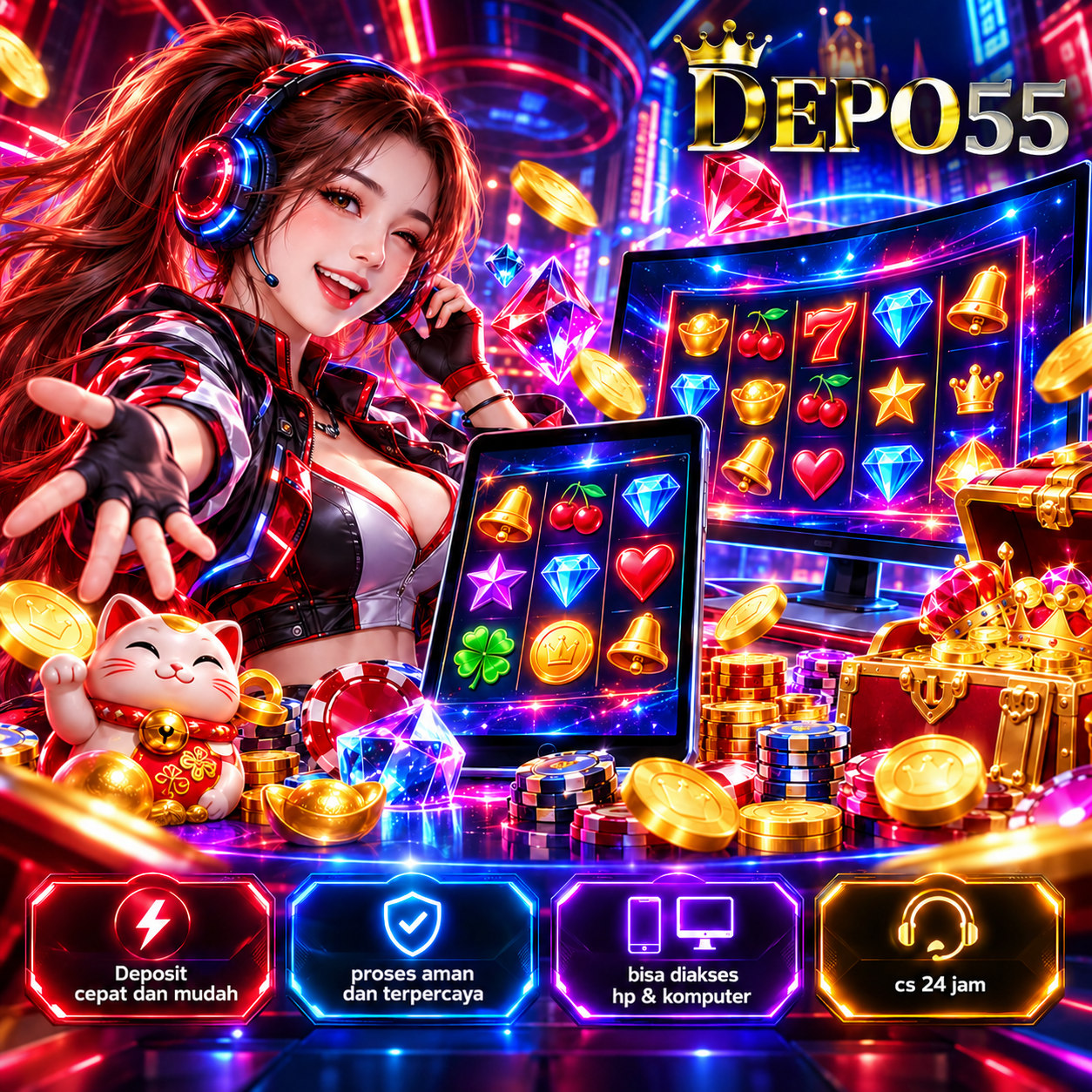 Ilustrasi DEPO55 dengan tampilan game di layar ponsel dan komputer