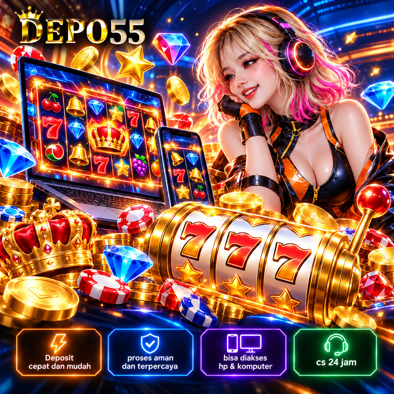 Banner DEPO55 bergaya neon dengan karakter game, laptop dan smartphone